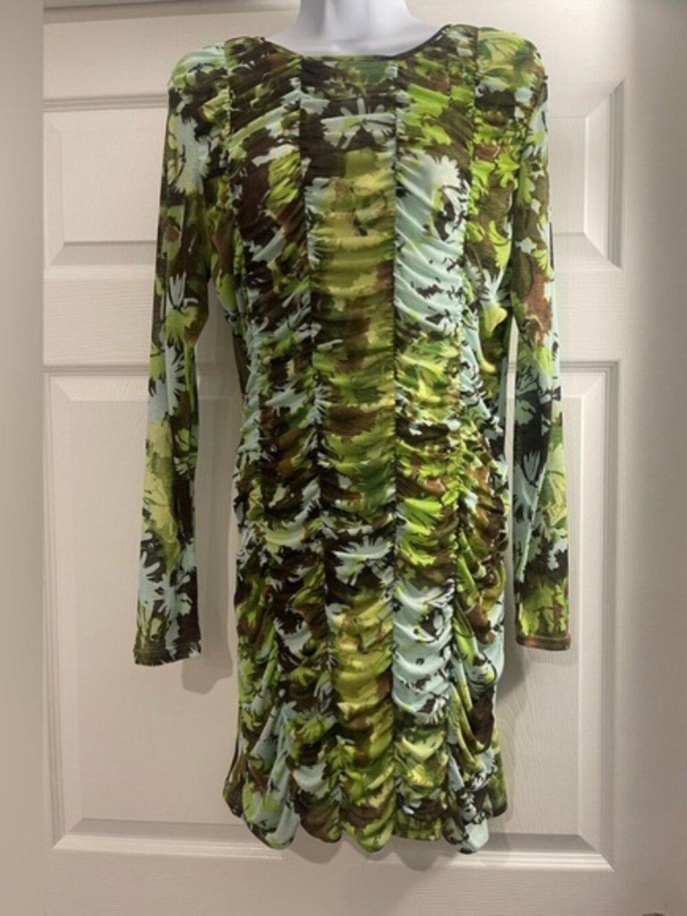 Future Collective NWT Bodycon Dress Womens Sz M Green Ruched Floral Sheer Summer